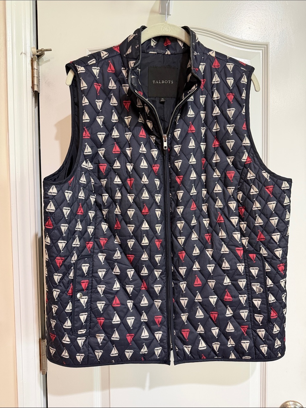 Talbots Navy Quilted Sailboat Print Vest with Red & White Accents